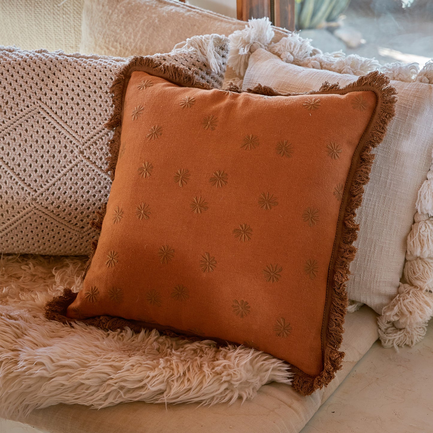 Hemp Cushion Cover Daisy Pecan